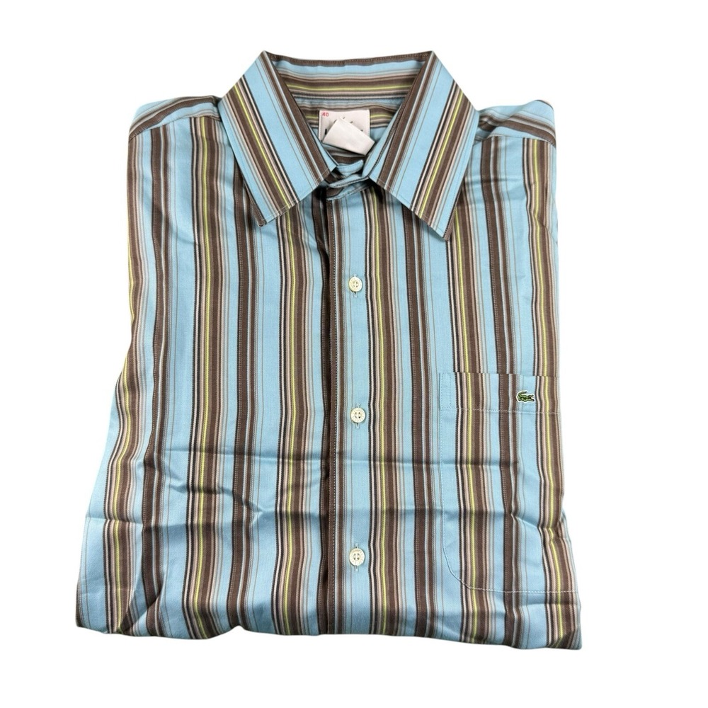 Lacoste Blue Brown Green Striped L/S Mens Cotton Button Front Size 40 Excellent